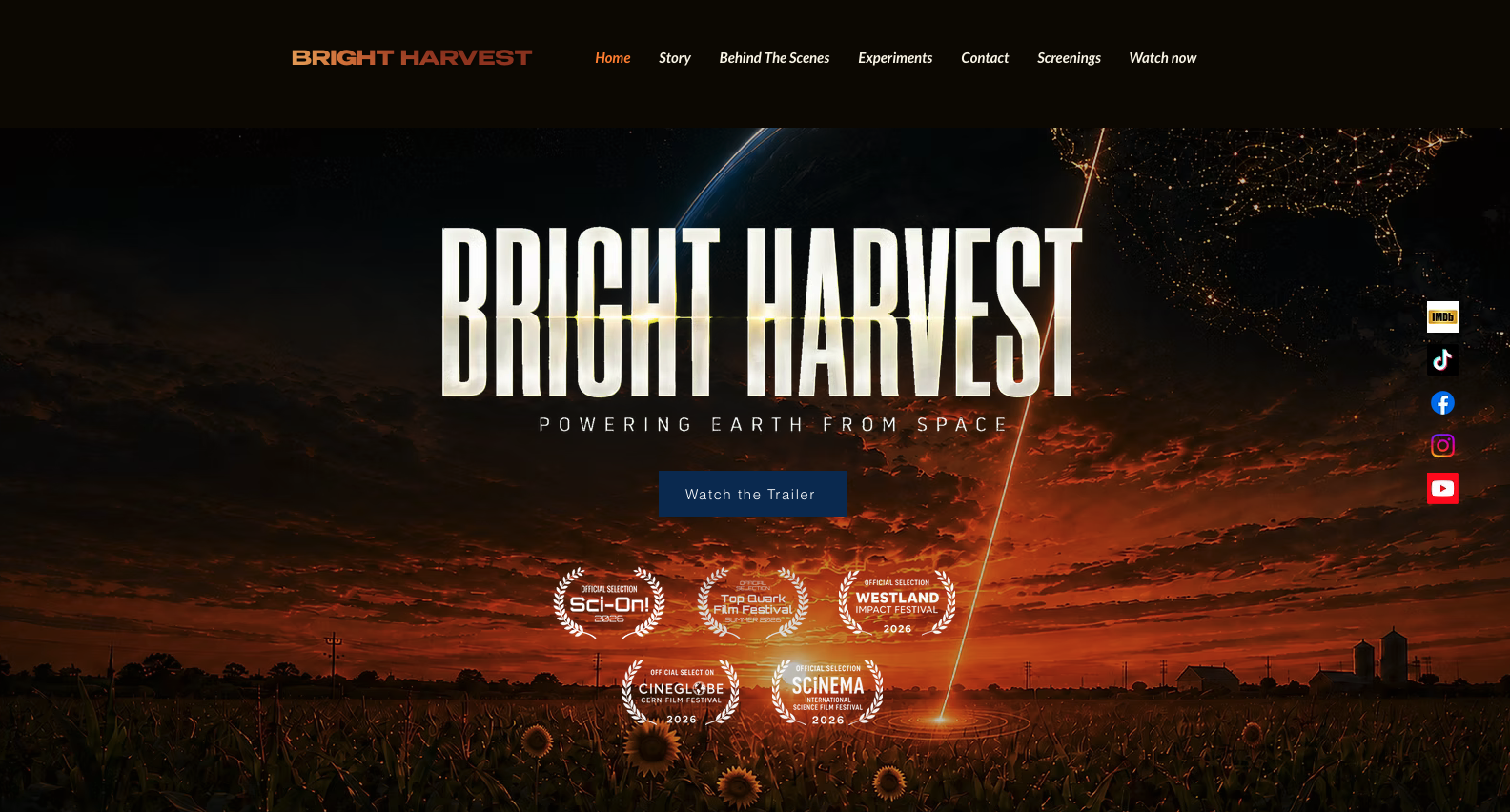 Bright Harvest film website with trailer button and festival laurels