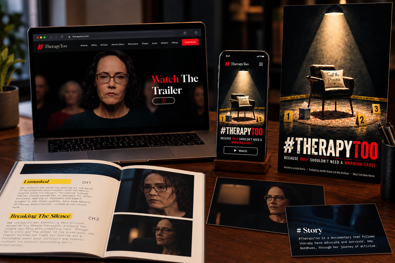 #TherapyToo launch package — campaign website, mobile page, poster, booklet and promo cards