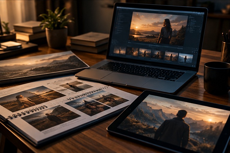 Illustrative campaign workspace with film website, screen imagery and presentation materials