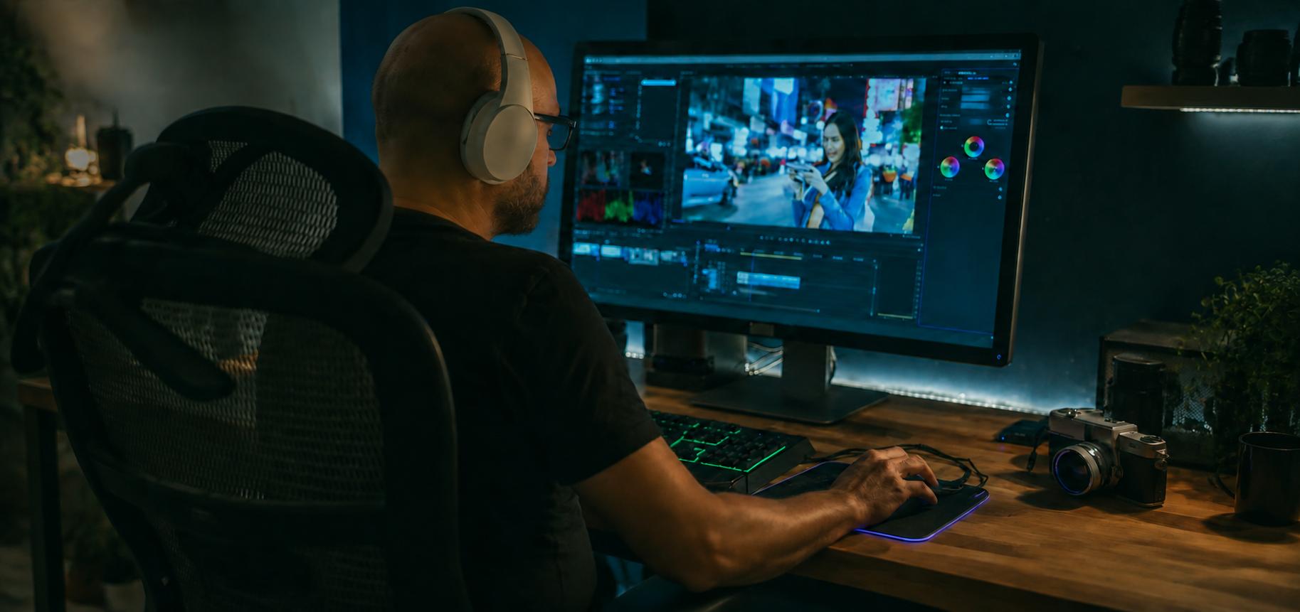 Founder working at a film editing workstation during an edit and color session