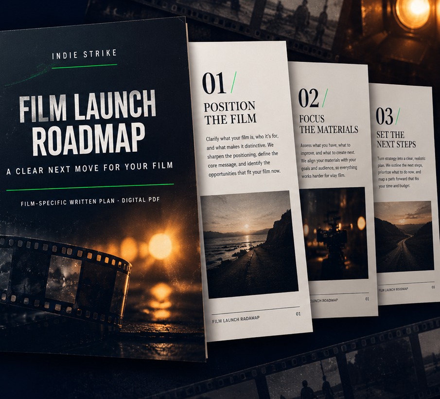 Film Launch Roadmap digital PDF: cover and three interior pages — Position the film, Focus the materials, Set the next steps